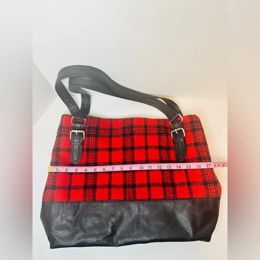 BUENO Large Red and Black Buffalo Plaid Flannel and Black Vegan Leather Tote Bag